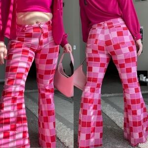 American Bazi flare pink red checkered bell bottom jeans